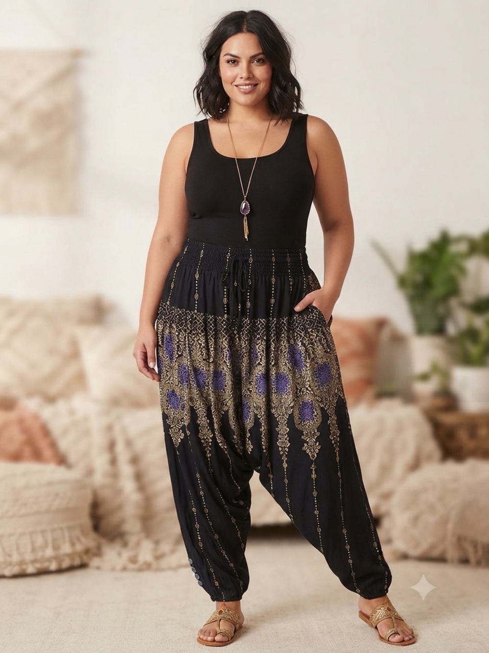 Belma New York Harem Pants Plus Size Black Gold Purple Paisley Boho Hippie